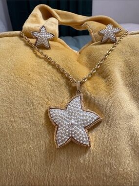 Pearl Star Pendant Necklace and Earrings - Gold Tone
